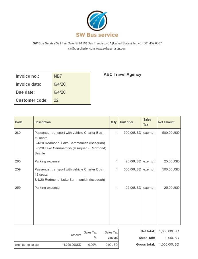 Sengerio invoice example