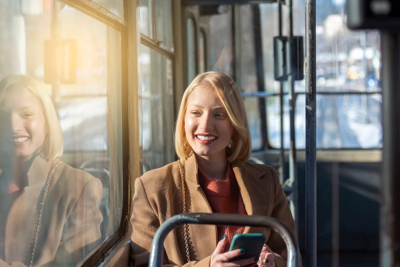 Smiling girl on a bus