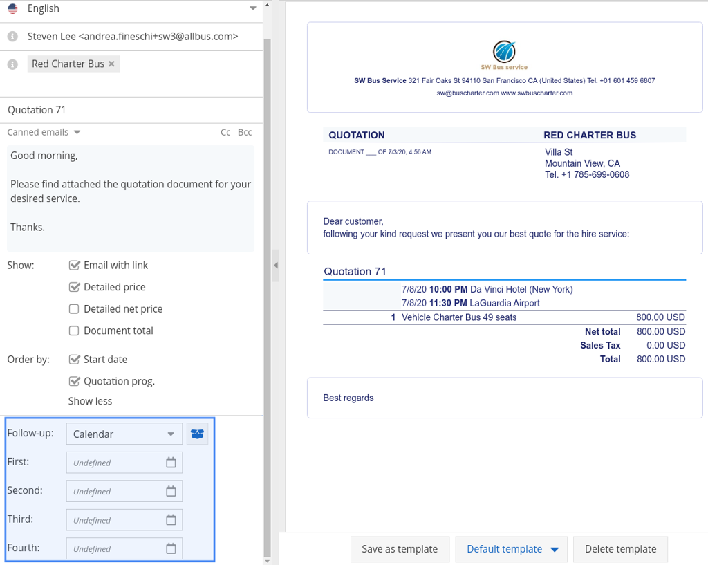 Sengerio- Follow up section on quotation screen