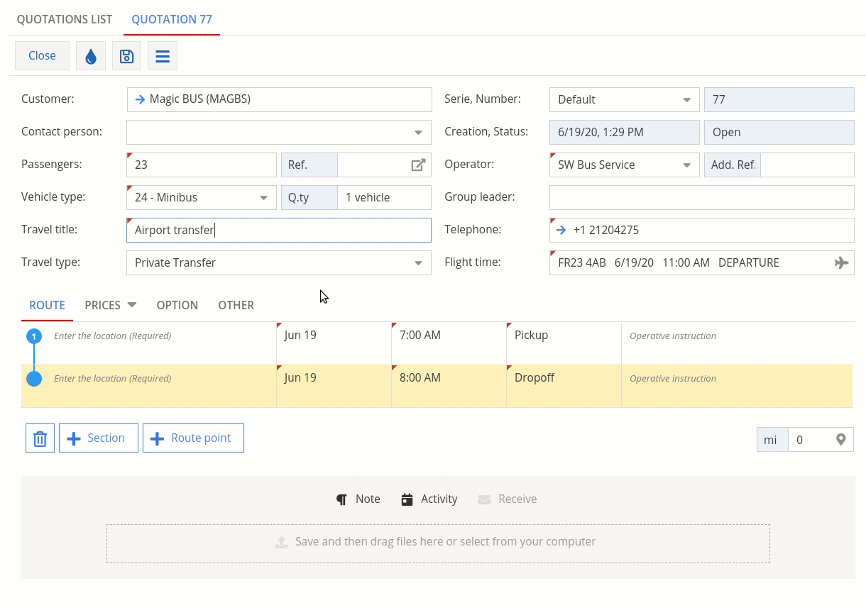 Video of a route and price defined for a booking in Sengerio