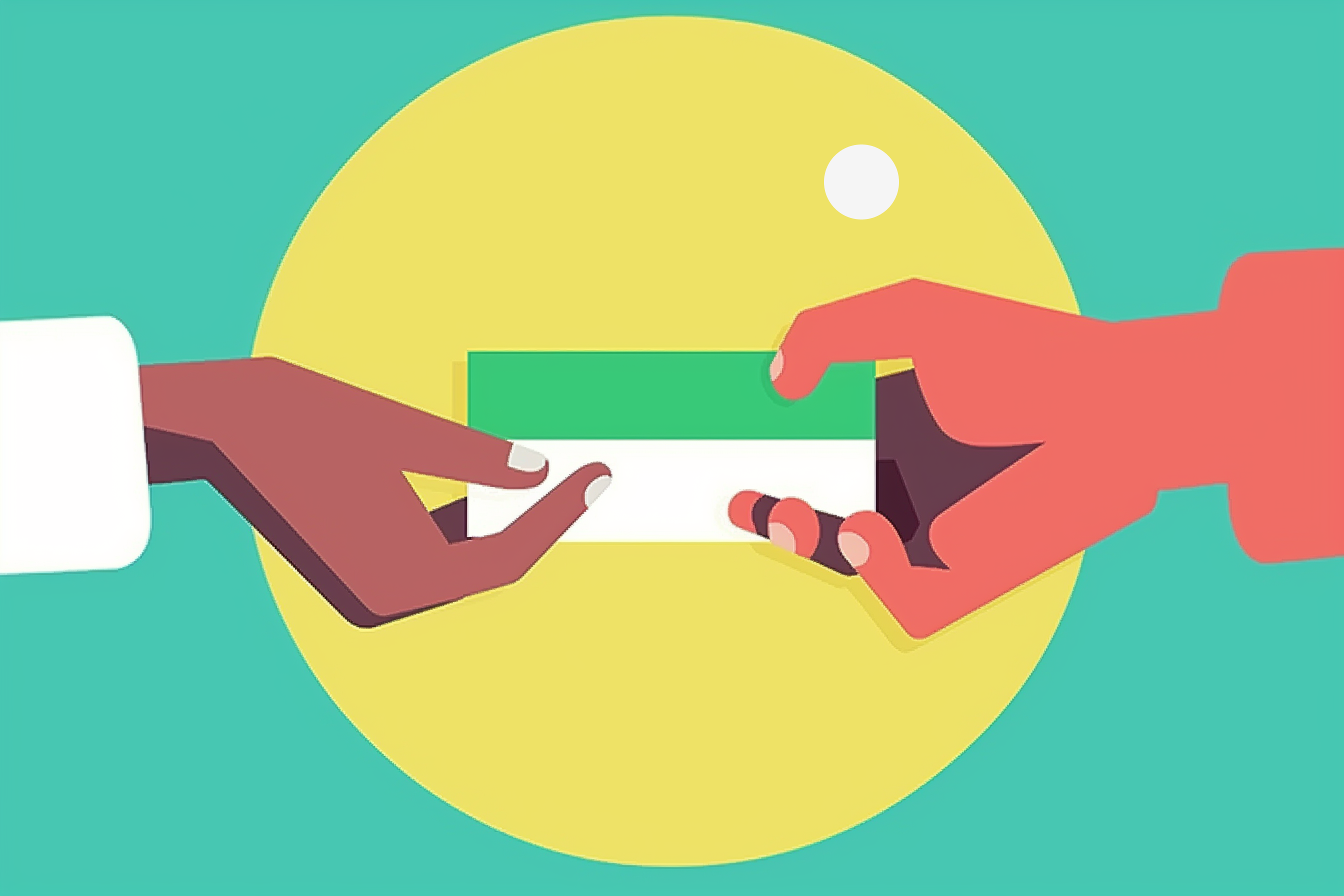 Drawing of one hand that give a voucher to another one