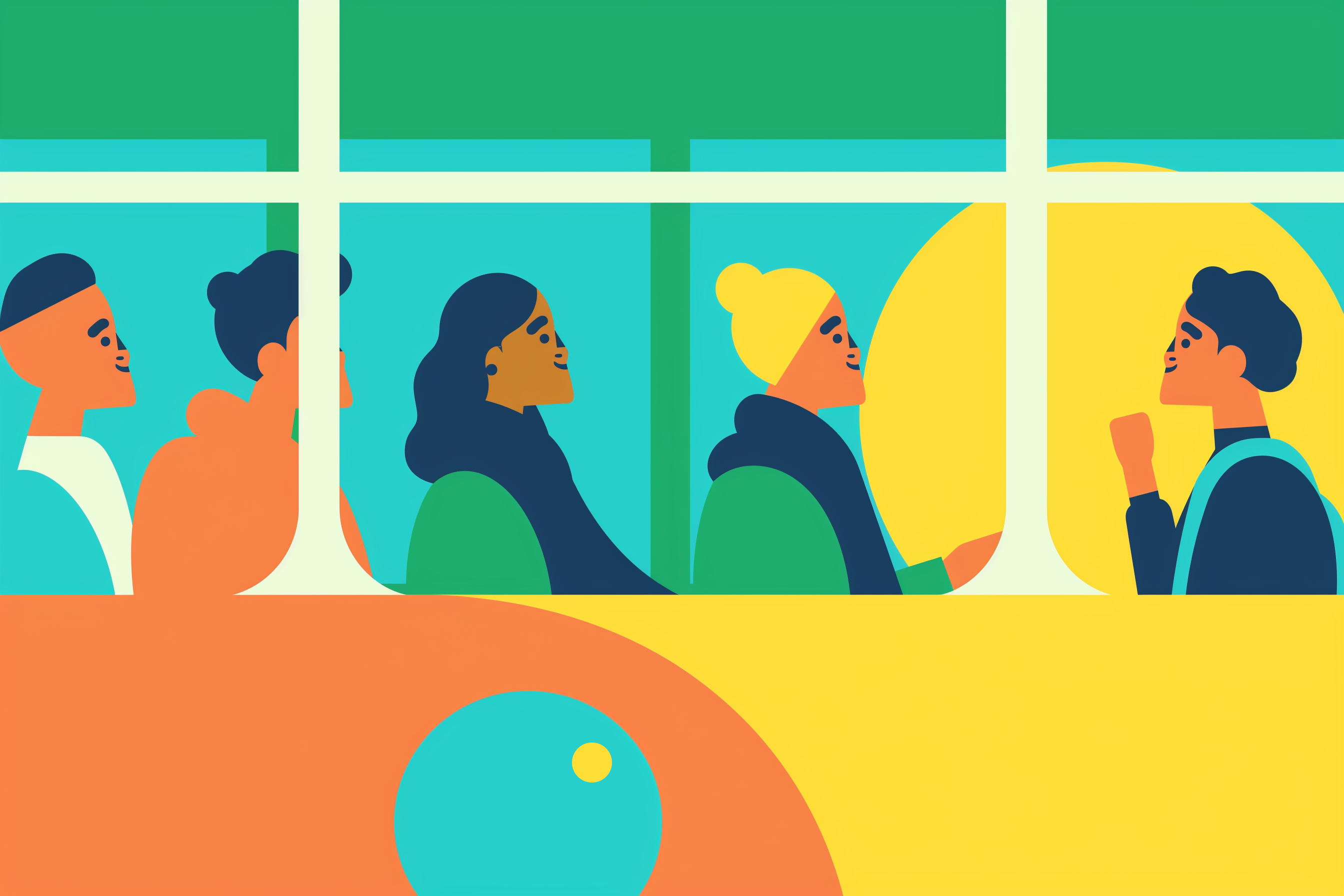 Drawing of passengers inside a bus