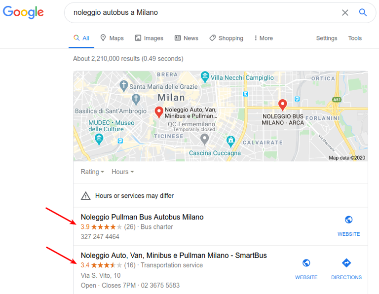 Risultati ricerca Google tramite Maps