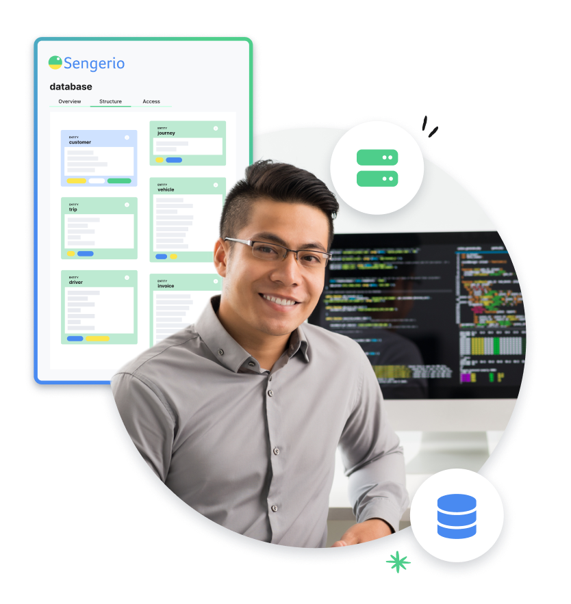 Generic schema of a database with a person in front